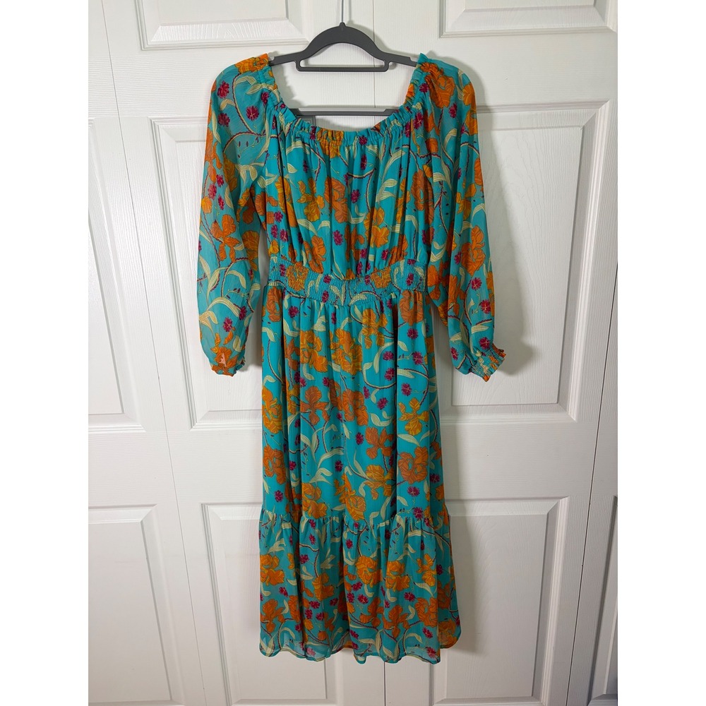 Sofia Jeans by Sofia Vergara Teal Floral Smocked Midi Dress Womens Medium Boho